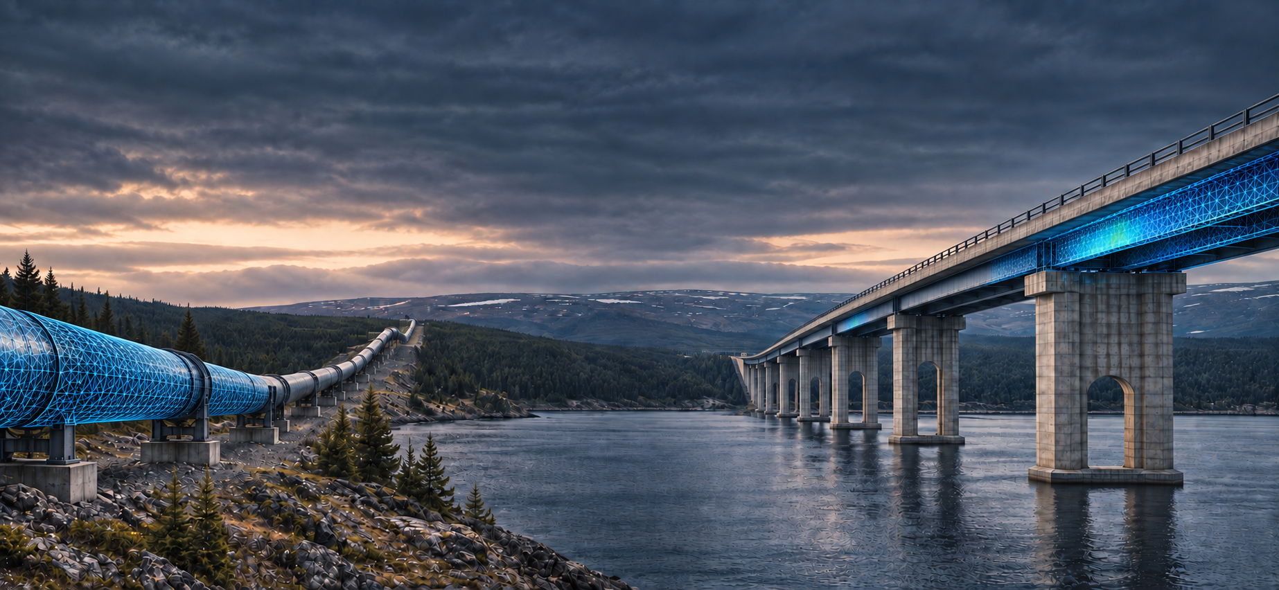 Conceptual view of a pipeline and steel-girder bridge with structural analysis in a northern landscape